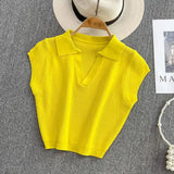 Zingj Summer Korean V-Neck Collar Shows Slim High Waist Slim Short Sweater Top 18-24 Years Old