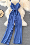 Sexy Women Romper Female Red/Orange/Black Sleeveless High Waist V-Neck Wide Leg Playsuit With Sashes New Fashion