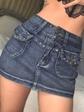 Y2K Vintage Diamonds Bodycon Denim Skirt Mini Cargo Style Streetwear Fashion Party Sexy Women Skirts High Waist