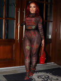Y2K Autumn Aesthetic Print Stretchy Two Pieces Sets for Women Turtleneck Long Sleeves Crop Top+High Waist Foot Pants