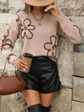 Women's Spring And Autumn Solid-Colored Flowers Knitted Sweater Fashion Collar Long-Sleeved