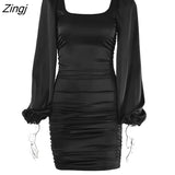 New Satin Puff-Sleeve Ruched Dress For Women Solid Square Collar Sexy Dresses Ladies Streetwear Backless Zip