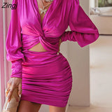 Sexy Hollow Out Women's Mini Dress Lantern Sleeve Satin Party Club Dresses Deep V-neck Bodycon Ruched Dress