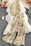 Vacation Beach Women Two Piece Set Elegant Halter Sleeveless Chiffon Tops And High Waist Wide Leg Pants Female New