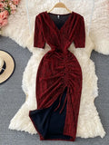 Drawstring Bodycon Dress Women Short Sleeve High Waist Red/Green/Khaki Sheath Party Vestidos Summer High End 2023