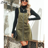 PETAL Olive Faux Suede O-Ring Pinafore Dress For Women Sexy Square Neck Shift Mini Dress 2023 Autumn Winter Female
