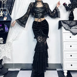 Spring 2024 New Dark Wrinkled Fishtail Multi-Layer Spliced Forked Skirt Women's