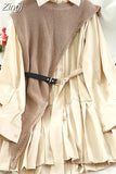 2 Piece Set shirt Dress For Women Streetwear Pleated Midi Dress Irregular Knitted Vest Long sleeve Shirts 2023 Spring