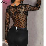 Women Elegant Fashion Sexy Patchwork Slim Fit Basic Playsuit Sheer Eyelash Lace Long Sleeve