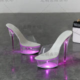Zingj 34-43 Sexy Super High Heels Luminous Thin Heel Waterproof Platform Sandals Transparent Model Crystal Shoes Wedding