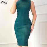 New Fashion Elegant Women High Neck Studded Decor Ribbed Sleeveless Green Sexy Bodycon Dress Corset Party Wear Robes