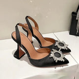 and American 2021 Summer New Pointed High Heel Women's Shoes SUNFLOWER Drill Buckle Closed Toe Wine Cup Heel