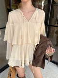 Xixi 2025 Autumn White Label Thin Temperament Lotus Leaf V Collar Chiffon Shirt Long-Sleeved Little Shirt Women