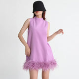 Zingj Design Sense Solid Color A-Line Skirt 2024 Spring Round Collar Sleeveless Hem Ostrich Hair Decoration Loose