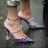 and American Popular 2020 Summer New Dazzling Pink Crystal Sequined Spool Heels Pointed High Heels Women