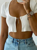 Women Chain Solid Cropped Top Hollow Out Sexy Knitted Casual Short Sleeve Square Collar Skinny Streetwear T-shirt