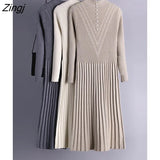 2022 Autumn Winter Sweater Knit Long Pleated Dress Women Half Turtleneck Jumper Long Sleeve Pullover