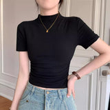Zingj Collar Short-Sleeved T-Shirt Women's Summer 2024 New Bottom Shirt With Slim Short Student Pleated