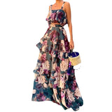 Women's New Fashion Floral Blouse Sling Lotus Leaf-Side Cake Dress Suit For