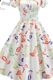 Dress Women Puff Sleeve Swing Vintage Dresses Robe Femme Elegant Floral Print Pin Up Party Dresses