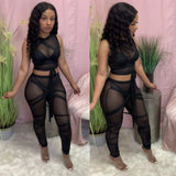 Mesh Patchwork Two Piece Set Women Solid Sexy See Through Sleeveless Tanks+Bow Pants Matching Suit Hot Hipster