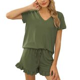 And Summer 2025 New Women's Pure Color V-Neck Shorts Irregular Shorts Sports Casual Home Two