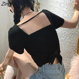 Women Black Trendy Summer Square Collar Short Sleeve Slim Sexy Folds Sweet All-match Crop Top Abdomen Solid Leisure
