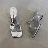 Square Head Diamond Slippers Women's Summer Wear New Transparent High-Heeled Shoes Summer Coarse Heel Cool Drag In The Design