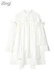 Women's Dresses 2023 Autumn French Sweet Female Long Sleeve Bow Elegant Vintage Loose O-Neck White Vestidos Slim Fashion