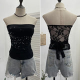 Diamond Splicing Lace-Back Strapped Braided Braided Braided Brae Folded Bra Sleeveless Top