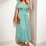 Women's Dress 2025 Dress New Temperament Pastoral Print V To Receive Waist Dress Dress