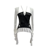 Tidal Irregular Hanging Neck Tie With Hollow Spliced Niche Pads On The Shoulder With Long-Sleeved T-Shirt