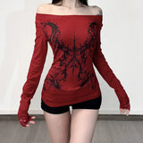Personality Hottie Style Shoulder Dark Print T-Shirt Lace Side Long Sleeves To Dress Casual