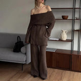 Selling A Word Shoulder Knitted Commuting Set Loose Top Broad Leg Trousers Simple High-Grade Gray Workplace