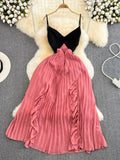 Women Spaghetti Strap Beach Long Dress Sexy V-Neck High Waist Ruffle Patchwork Pleated Maxi Robe Female Vacation 2023
