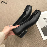 Women Fashion Red Pu Leather Short Square Heel Pumps Lady Casual High Quality Sky Blue Comfort Office
