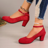 Single-Shoe Women 2025 Spring New High-Heeled Korean Version Of The Round Head Velvet Buckle Coarse Fashion And Shallow Women's