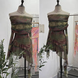Sweet And Spicy Shoulder Dyed Printing Mesh Long-Sleeved Coat Folds Irregular Ribbon T-Shirt