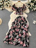 Women Floral Chiffon Two Piece Set Sexy Square Collar Short Puff Sleeve Tops + Ruffle Pleated Midi Skirt Beach 2Pcs