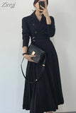 Pleated Long Sleeve Trench Dress Women Elegant Vintage Office Ladies Dresses 2023 Korean Casual Woman Dress