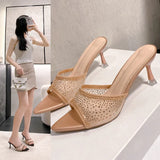 Temperament Cool Slippers Women's Summer Wear A New Fine Heel Mesh Hot Diamond Pointy Fish Mouth Exposed High