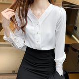Women Blouses Shirts Women Long Sleeve White Shirt Woman Chiffon Blouse Shirt Woman V Neck Lace Embroidery Blouses