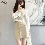Women Sets Blouses Patchwork Ruffles Skirts Mini Button Elegant Sweet Fashion Korean Spring Simple Casual Retro Outfits Hot