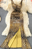Leopard Spaghetti Strap Long Dress Summer Women Sleeveless Strapless High Waist Split Bodycon Vestidos Female Draped