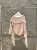 Xixi 2025 Autumn White Standard Temperament Collar Ribbon Jersey Sweater Top