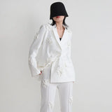 Zingj New Fashion Brand Double Breasted Three-Dimensional Flower Splicing Suit High Waist Bell Bottoms Two Sets Of Women's