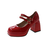 Coarse Square Head Small Leather Shoes Women 44 Large Spring And Autumn New Mary Jane French High Heel Single
