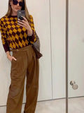Brown N Yellow Diamond Printed Sweater- Outfit