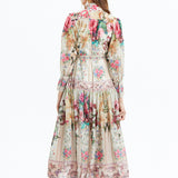 Court-Styled Dress Women's Lantern Sleeves With Belt Strap Single Buckle Design Temperament Long
