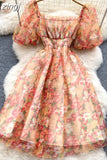 Square Collar Mesh Chiffon Mini Dress Women Floral Short Puff Sleeve High Waist A-Line Vestidos Female Beach New